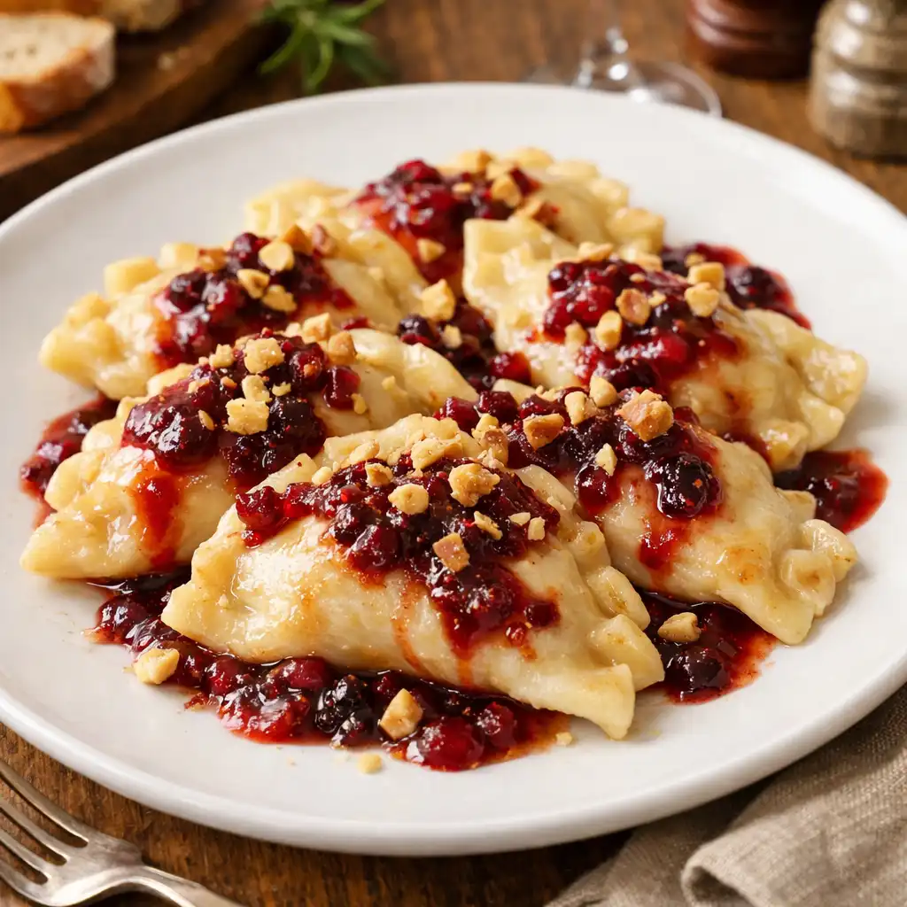 Pierogi z kaczką polane sosem żurawinowym, posypane prażonymi orzechami