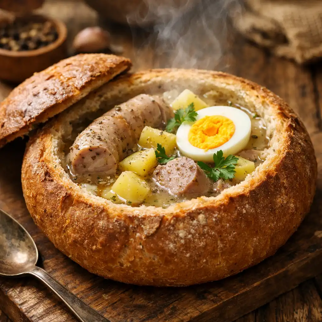 Żurek staropolski podany w chlebowym bochenku z białą kiełbasą i jajkiem