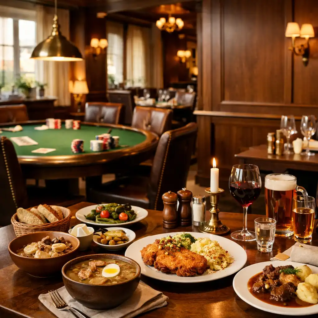 Wnętrze restauracji Przystań Smaków z elegancko nakrytym stołem, a w tle subtelnie widoczny stół pokerowy