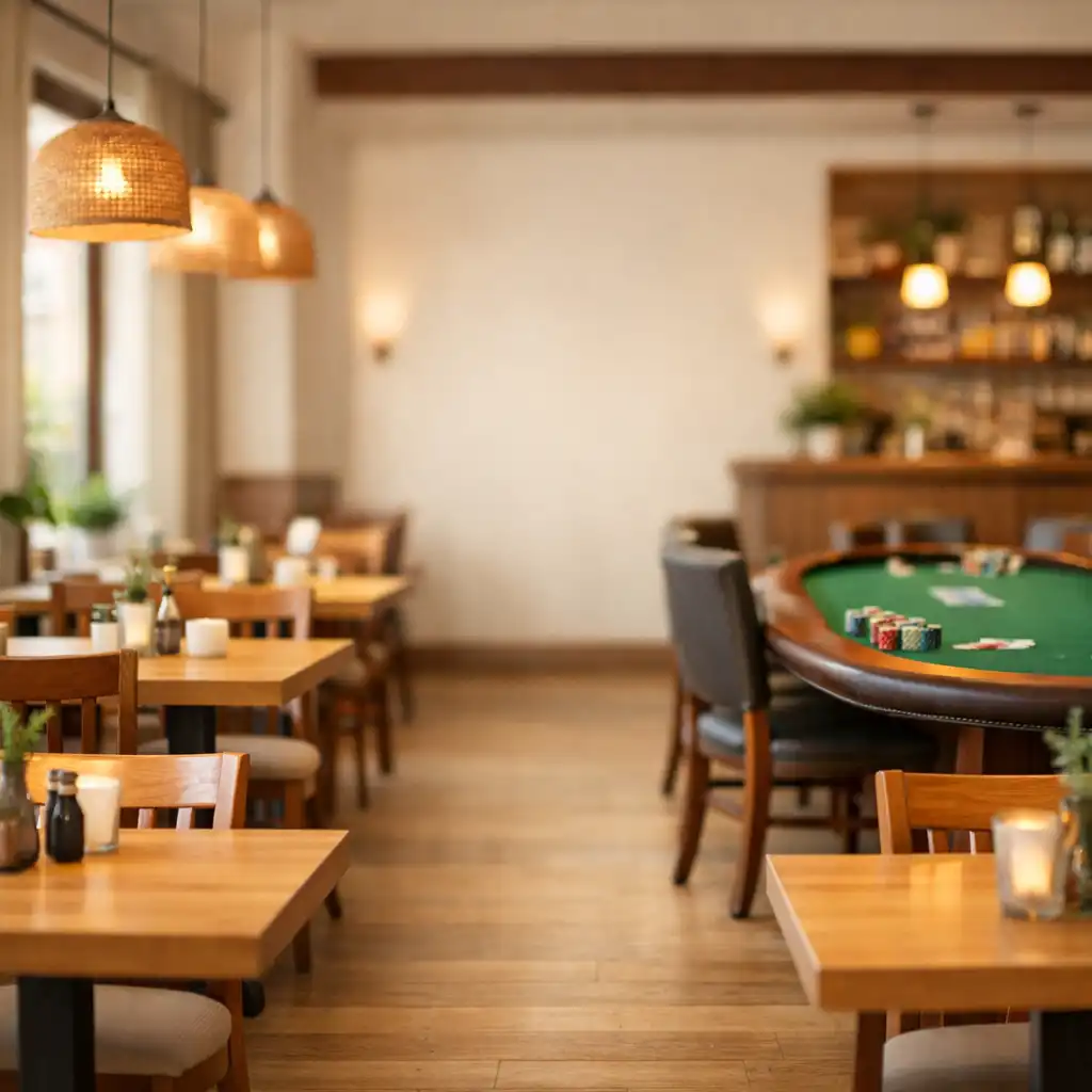 Jasne wnętrze restauracji Przystań Smaków z drewnianymi stołami i strefą pokera w tle