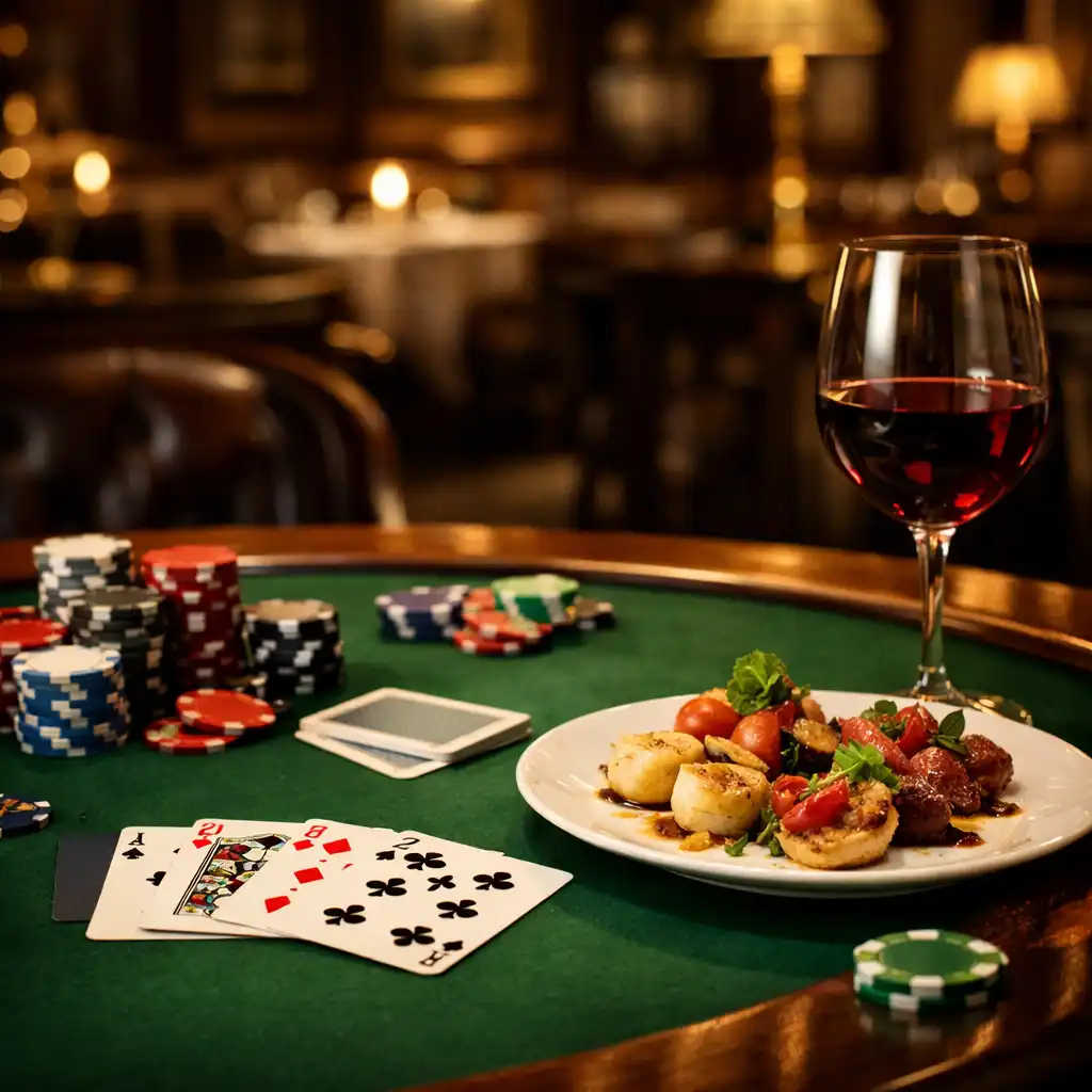 Elegancki stół pokerowy z zielonym suknem, kartami i żetonami, obok talerz z wykwintnymi przekąskami i kieliszek wina