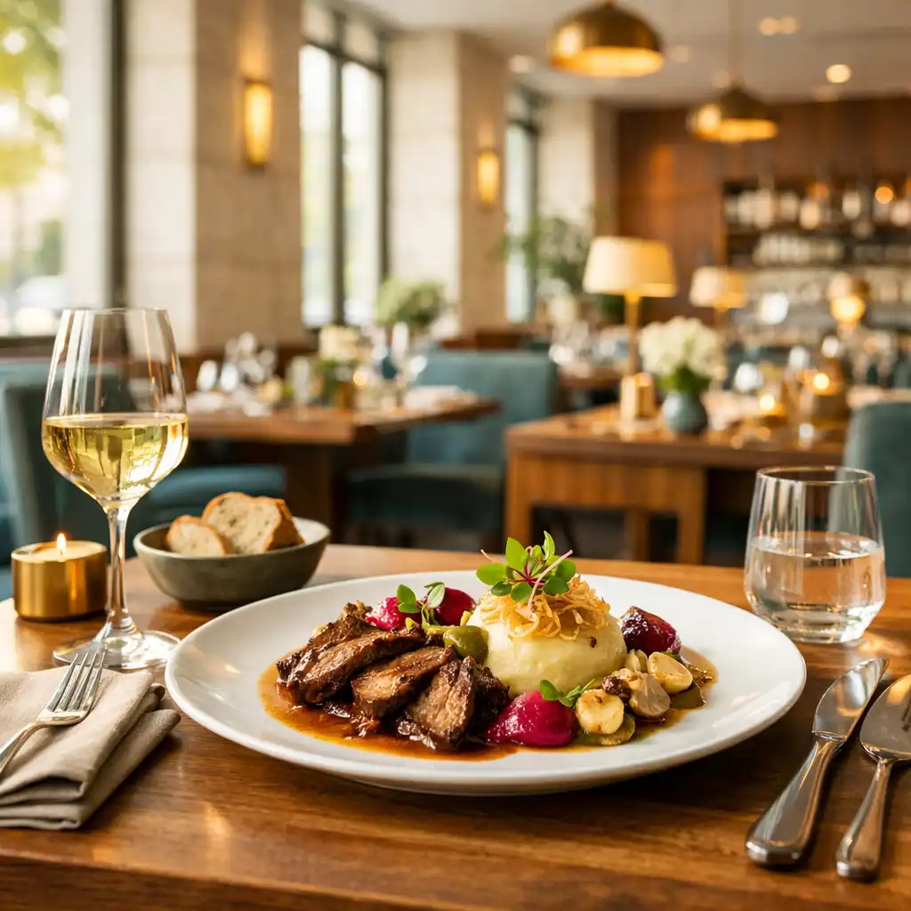 Eleganckie wnętrze restauracji Przystań Smaków z pięknie nakrytym stołem i nowoczesnym daniem kuchni polskiej
