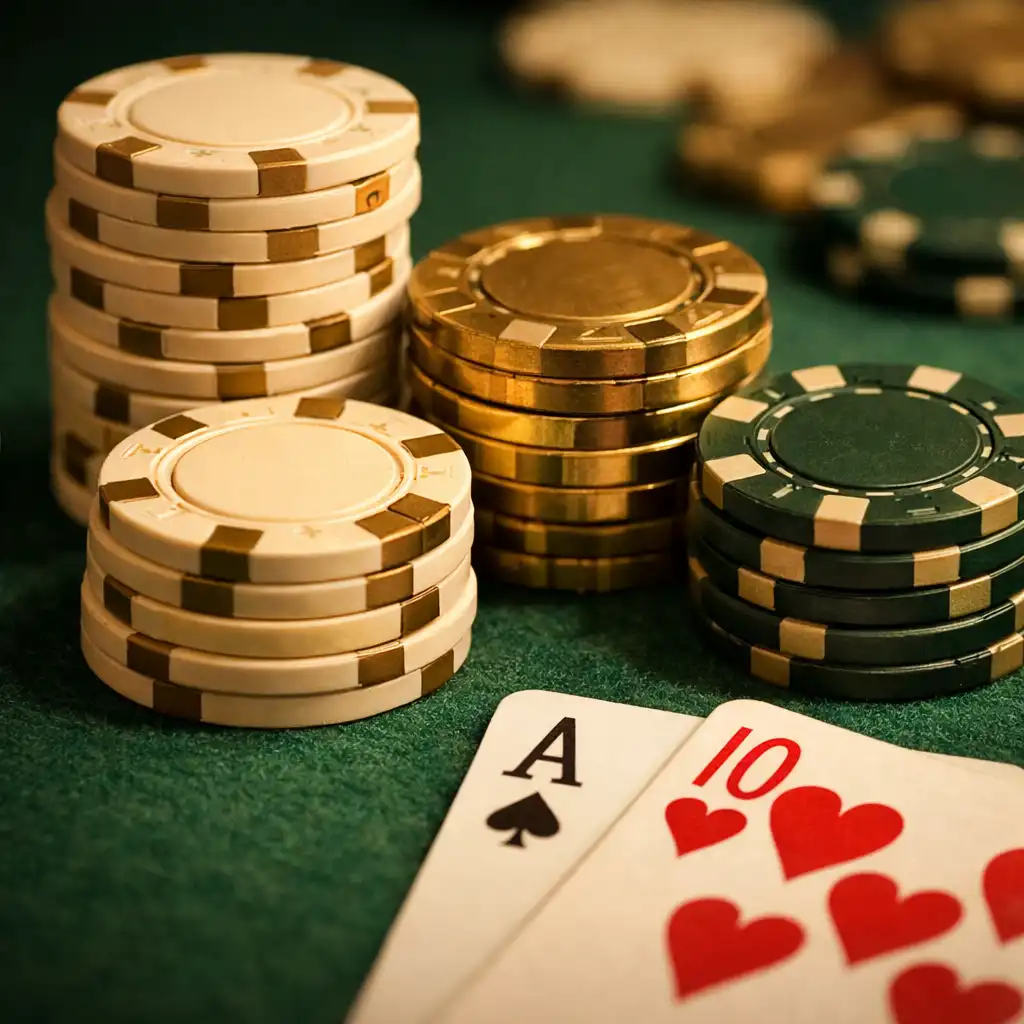 Zbliżenie na żetony pokerowe w kolorach kości słoniowej i mosiądzu na zielonym suknie