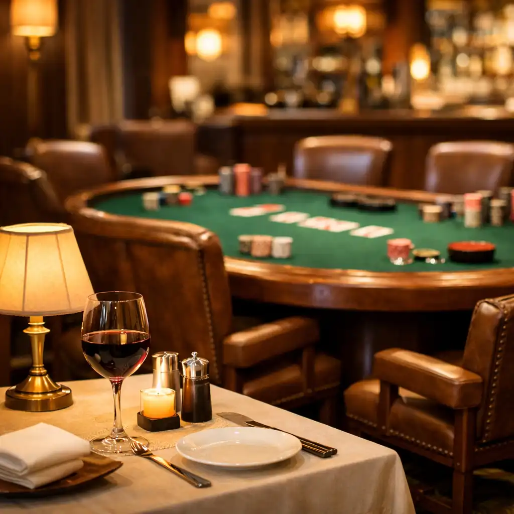 Stół pokerowy w tle, a na pierwszym planie eleganckie wnętrze restauracji z nakryciem