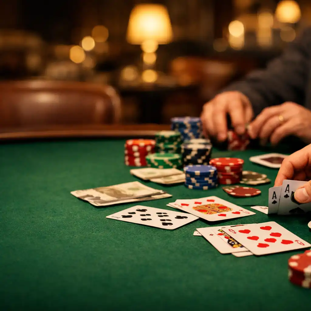 Stół pokerowy z zielonym suknem, kartami i żetonami w eleganckim wnętrzu restauracji