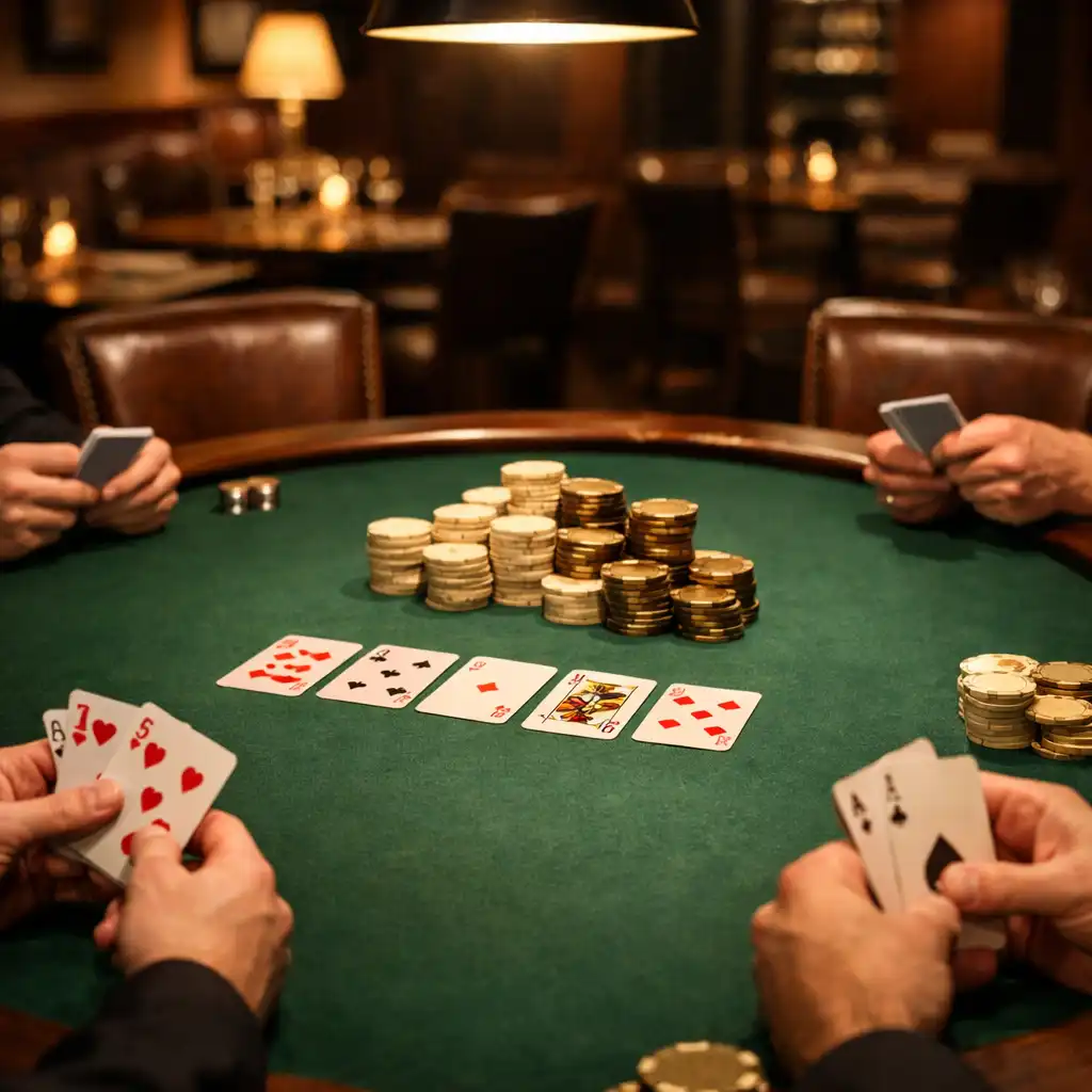 Elegancki stół pokerowy w ciepłym świetle restauracji, z zielonym suknem i żetonami