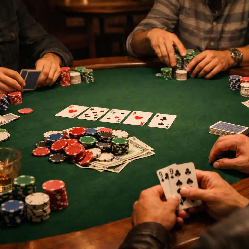 Szerokie ujęcie stołu pokerowego z graczami podczas gry, widoczne żetony i karty