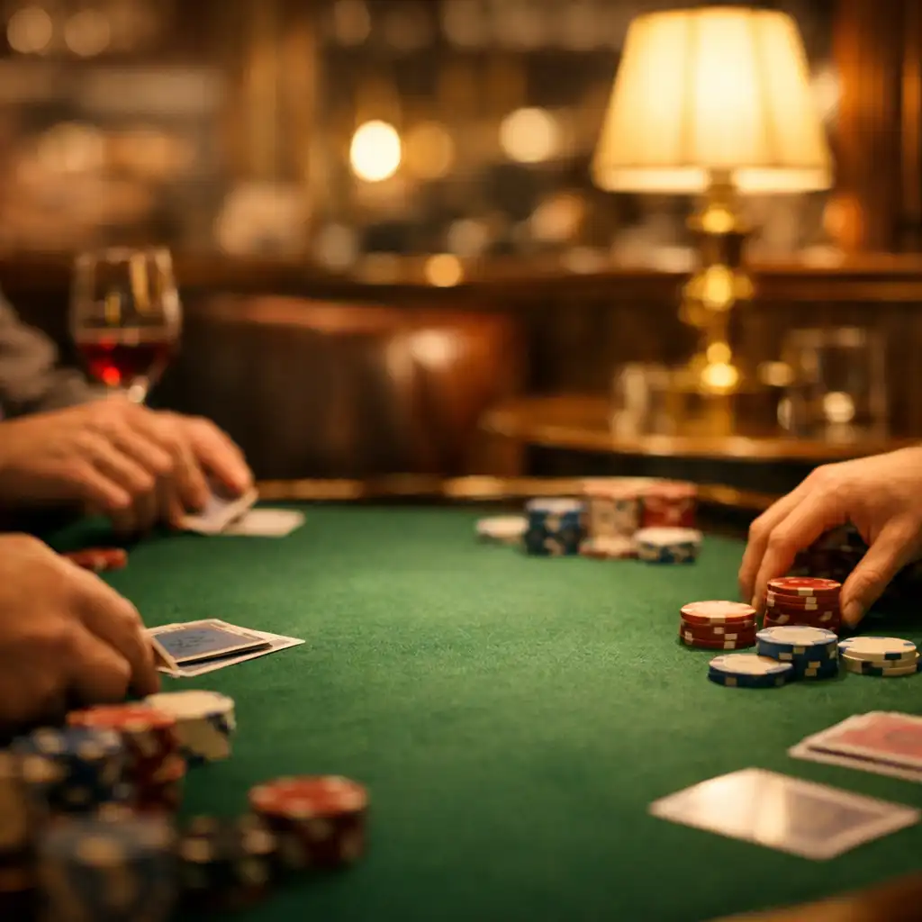 Atmosferyczne zdjęcie stołu pokerowego w przytulnym kącie restauracji, z rękami graczy i żetonami w miękkim świetle