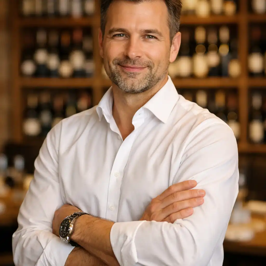 Portret menadżera sali w eleganckiej koszuli na tle drewnianych półek