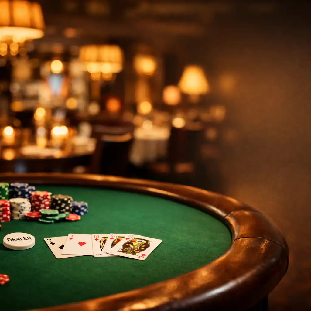 Stół pokerowy w eleganckim wnętrzu restauracji z żetonami i kartami