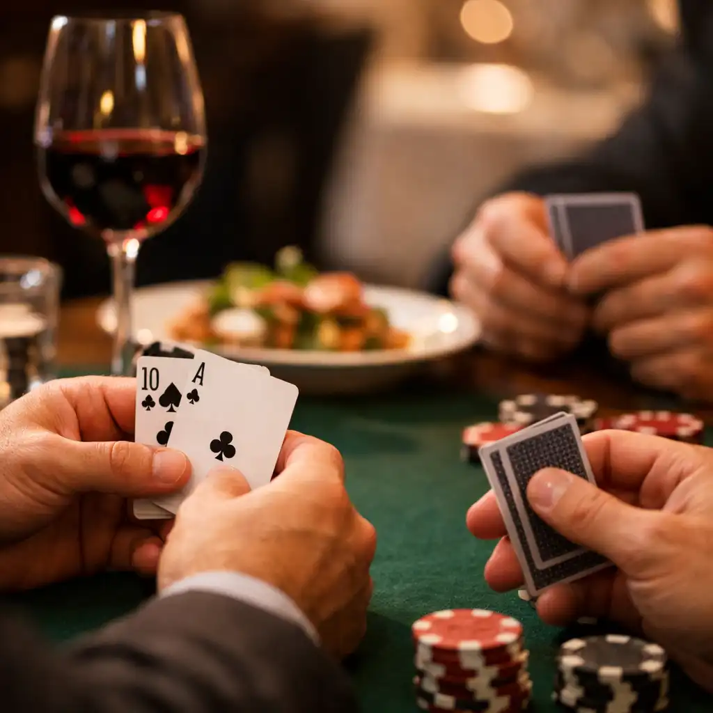 Dłonie graczy trzymających karty przy pokerowym stole, w tle kieliszek wina i przystawka